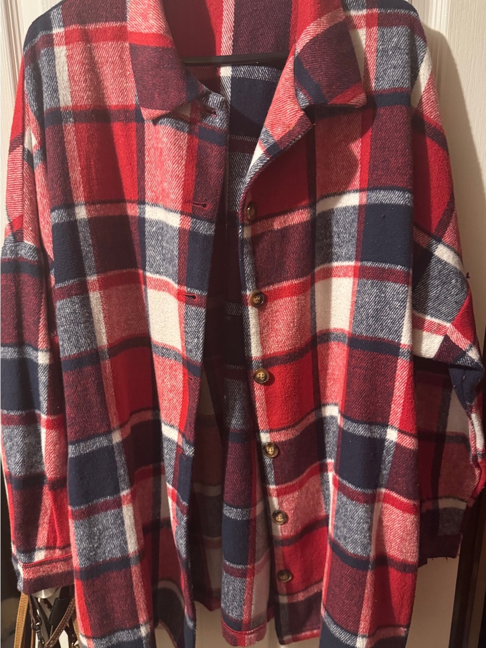 Red, Navy & Cream Plaid Button-Up Shacket